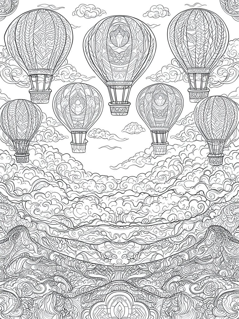 A black and white coloring page shows six patterned hot air balloons of different sizes floating above layered clouds and a detailed lower landscape.