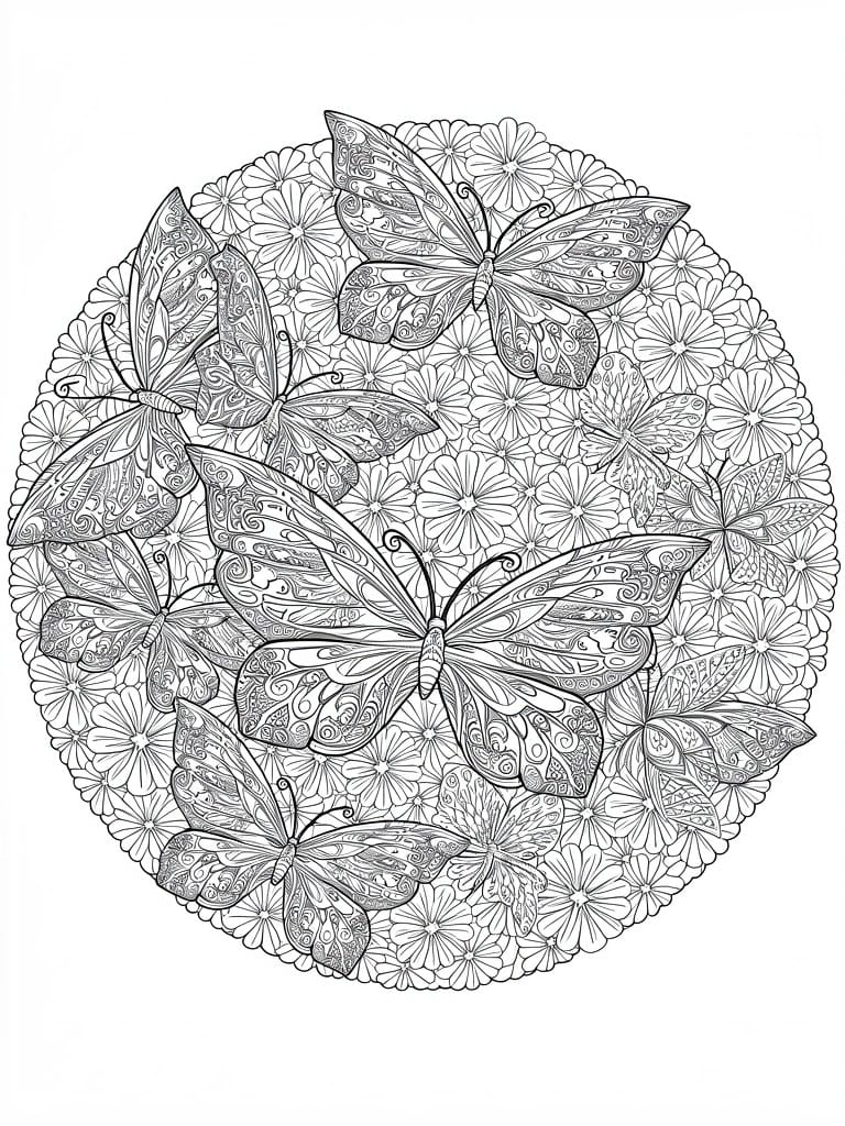 A black and white coloring page with multiple butterflies featuring ornate wing patterns arranged in a circle over a dense background of flowers.