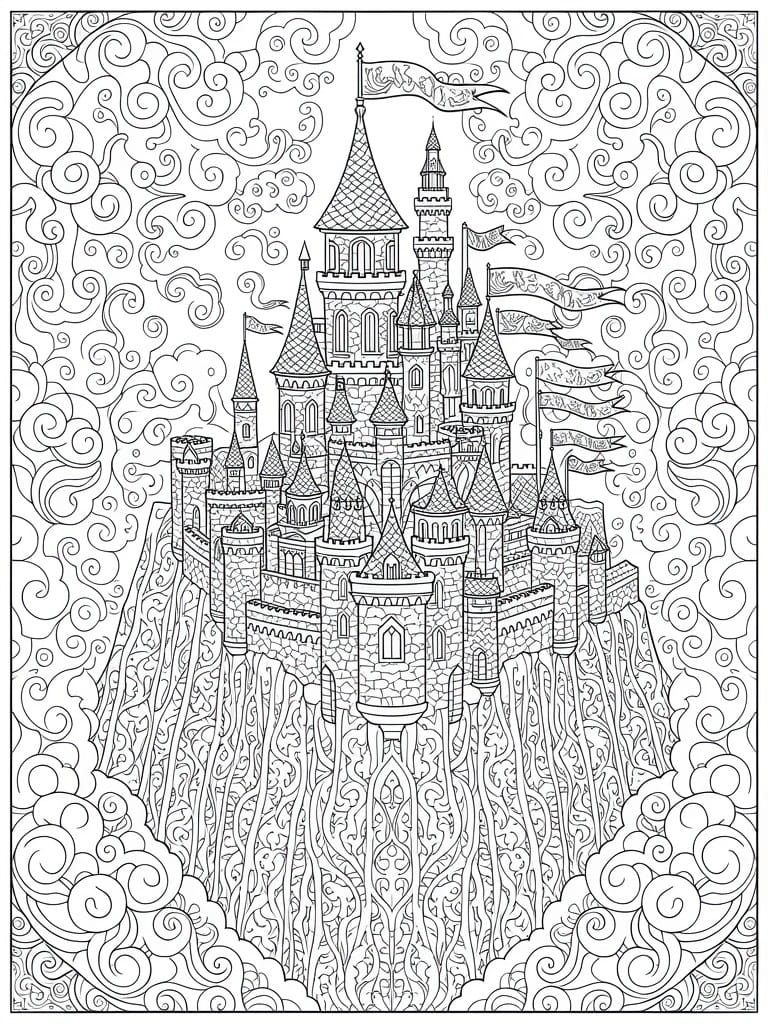 Ornate fantasy castle with towers and flags on a cliff amid swirling clouds