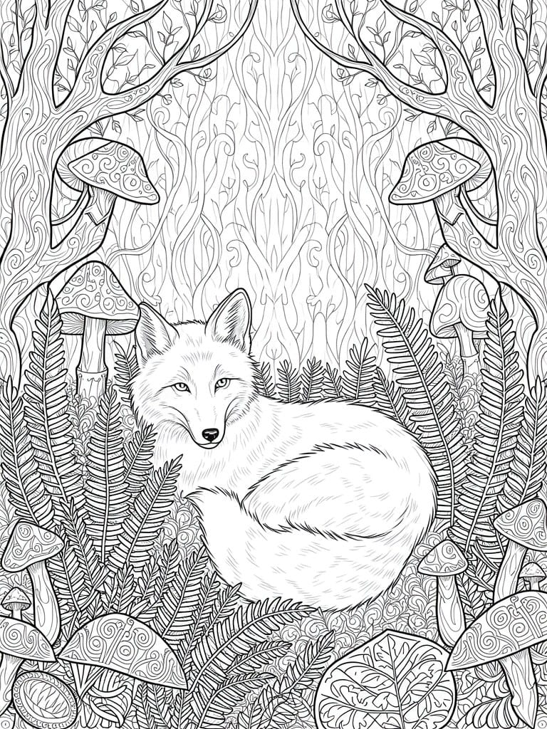 Detailed line drawing of a fox amid ferns and patterned mushrooms in a forest.