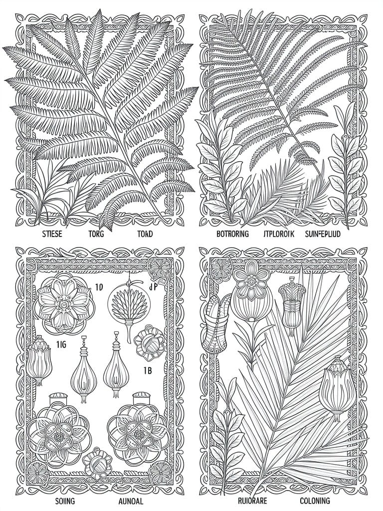 Four separate framed botanical line drawings with ferns, flowers, leaves, and buds plus scrambled text labels under each section.