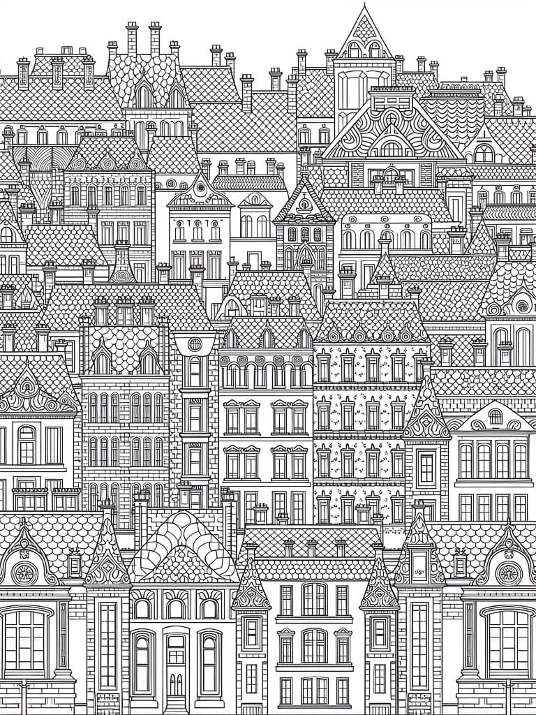 Intricate black-and-white line drawing of densely packed ornate European buildings and rooftops.