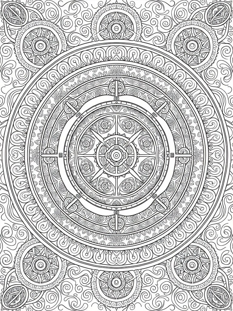 A black and white intricate mandala coloring page featuring multiple concentric circles with gears, stars, and swirling patterns.