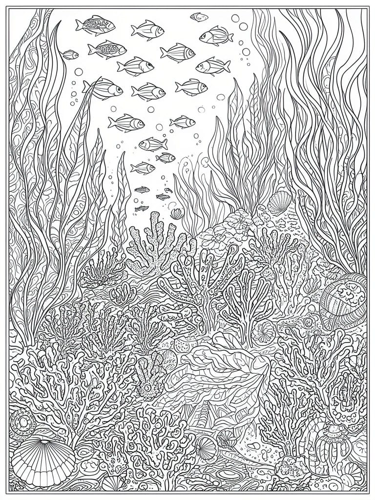 A black and white line drawing of a dense underwater scene with coral, seaweed, fish, shells, and a stingray.