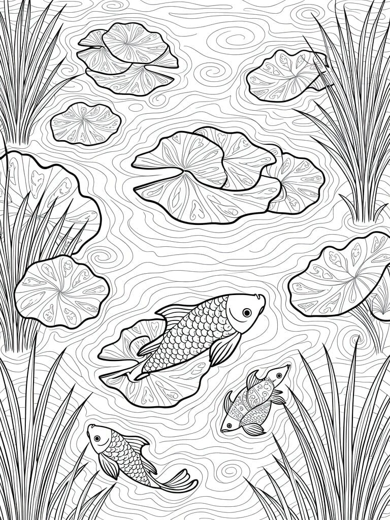 A black and white line drawing of koi fish swimming among lily pads and reeds in rippled water.