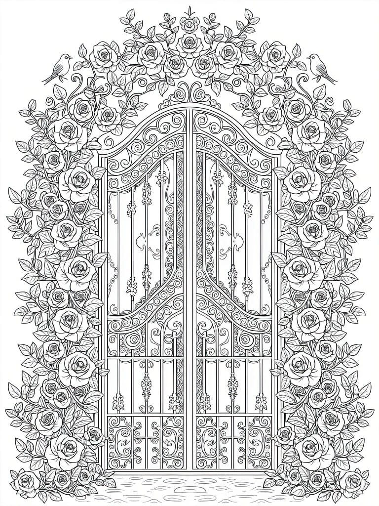 A black and white line drawing of an ornate arched double gate covered in roses and leaves with two birds perched on the vines.