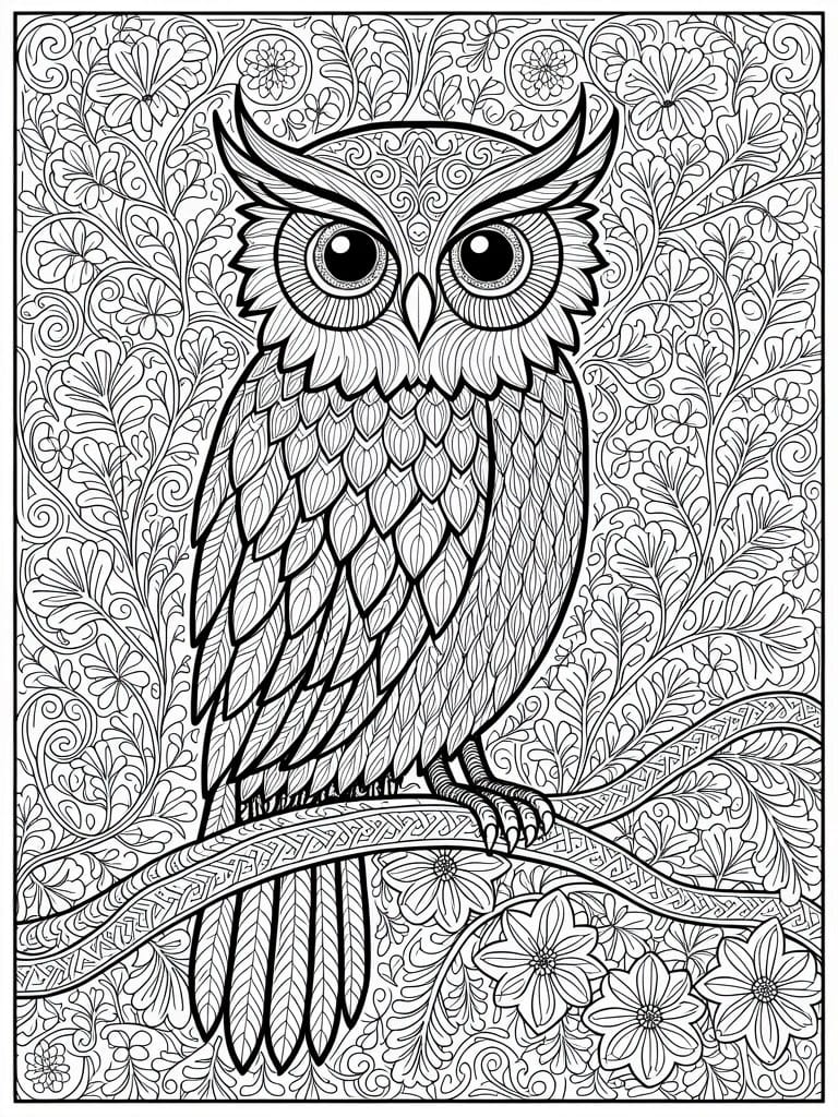 Detailed owl coloring page with floral patterns on branch and background