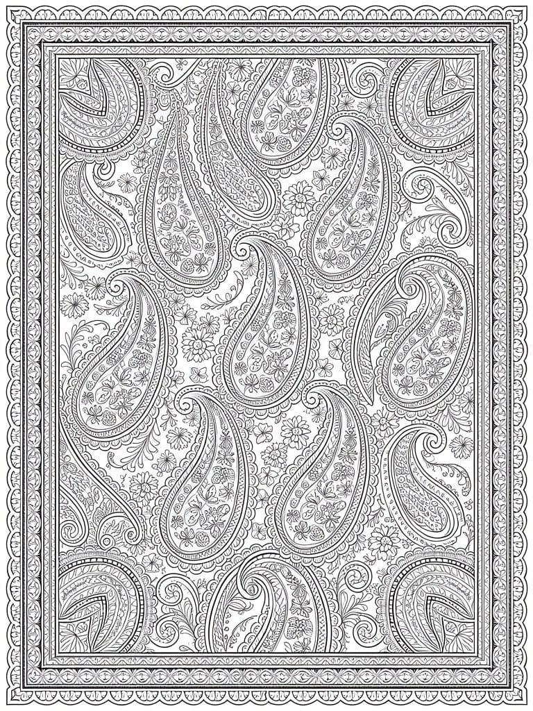 Intricate black and white paisley pattern with floral motifs and ornate borders.