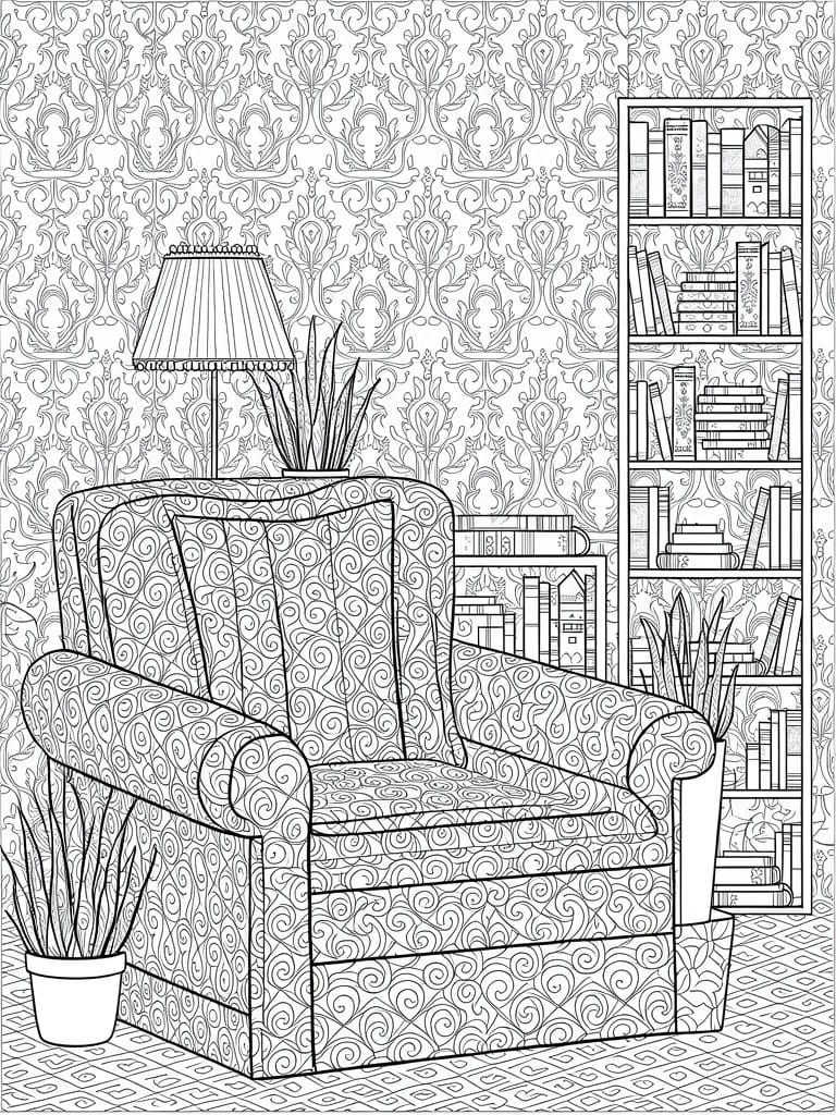 A black and white line drawing of a patterned armchair beside full bookshelves, a lamp, and potted plants against ornate wallpaper.