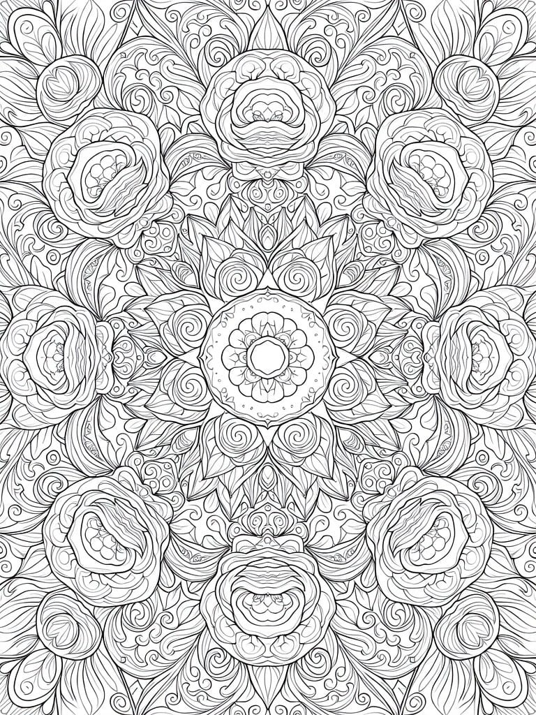 A black and white line drawing of a circular mandala filled with roses, leaves, and swirling patterns.