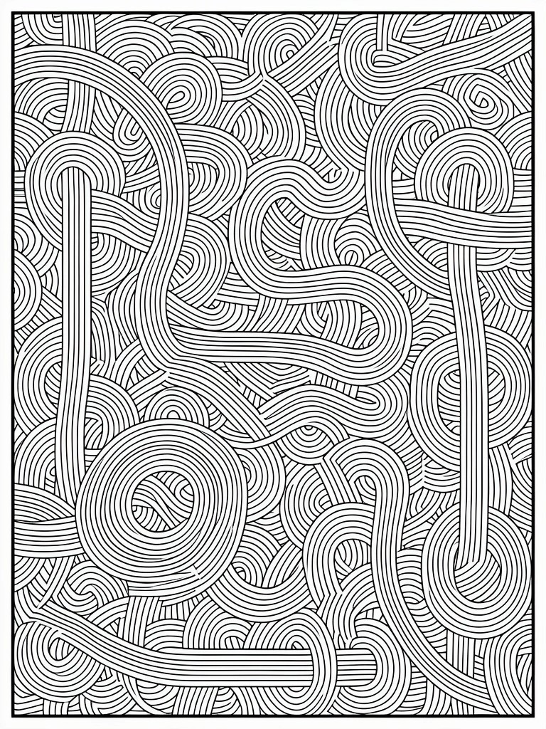 A black and white coloring page filled with dense abstract patterns of overlapping loops, swirls, and curved lines.