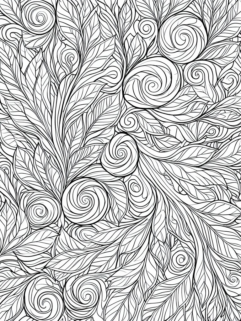 Complex black-and-white line art of swirling leaves and spiral patterns