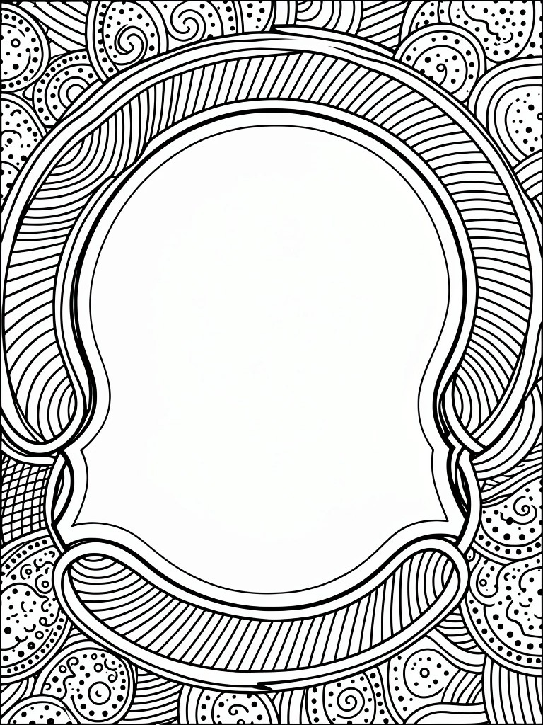 A coloring page with a large empty oval in the center surrounded by intricate abstract borders featuring swirls, stripes, dots, and geometric patterns.