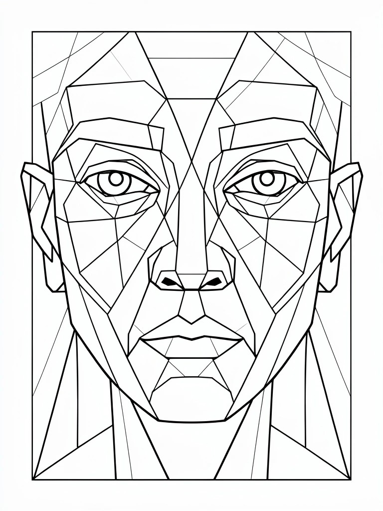 A black and white line drawing of a face divided into many geometric polygons inside a rectangular border.