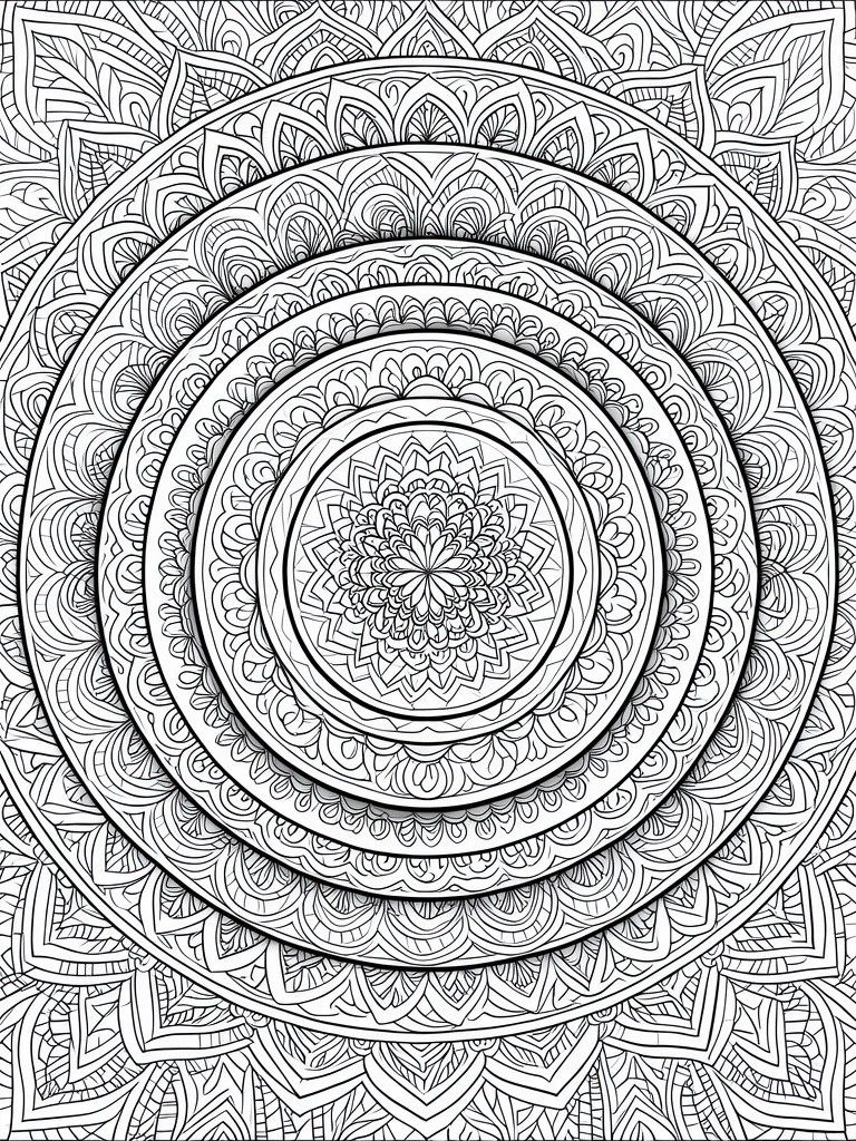 A black and white mandala coloring page with multiple concentric circular layers filled with floral and geometric patterns.
