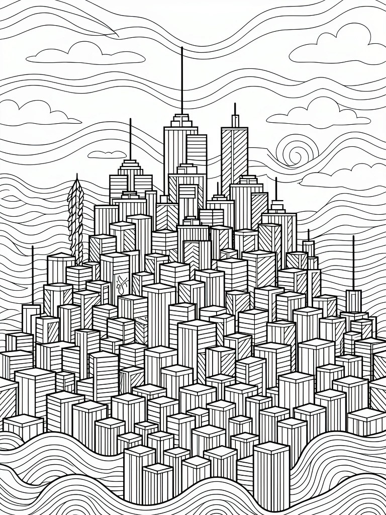 Black and white line drawing of dense city skyline with skyscrapers and clouds