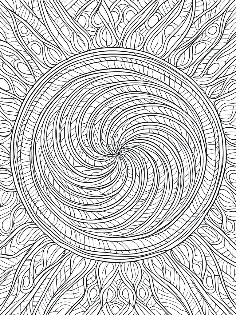 A black and white coloring page featuring a central spiral vortex surrounded by intricate feather-like patterns in a circular arrangement.