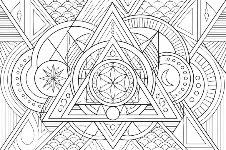 19 Modern Abstract Coloring Pages for a Bold Artistic Look A black and white coloring page filled with intricate overlapping geometric shapes including stars, circles, triangles, and interwoven knot patterns.