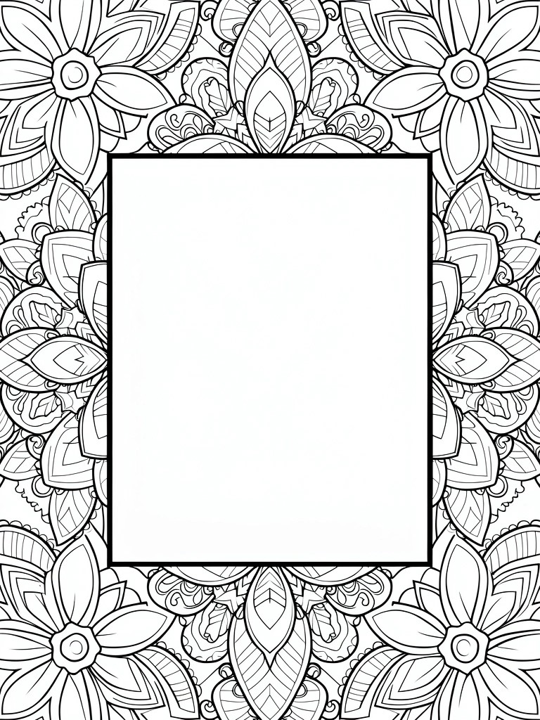 Intricate black-and-white floral mandala border framing a blank central rectangle