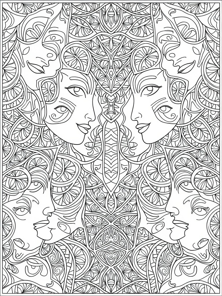A black and white coloring page with multiple overlapping stylized women's faces surrounded by intricate swirling patterns and abstract decorative elements.