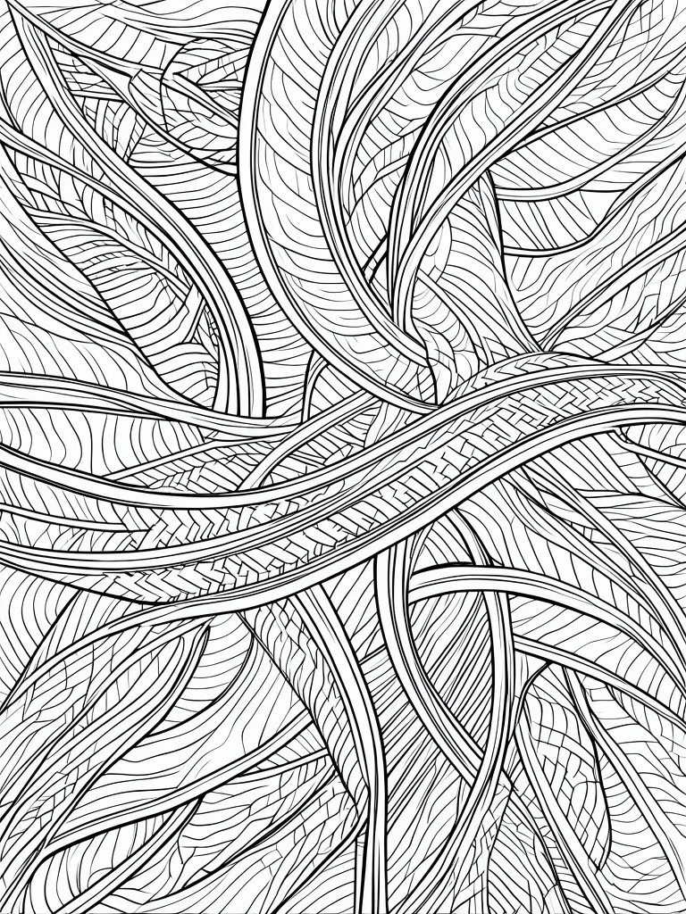 A black and white coloring page filled with overlapping curved bands containing striped and patterned lines.