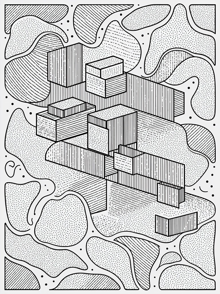 Abstract black-and-white illustration of floating 3D blocks amid patterned organic shapes.
