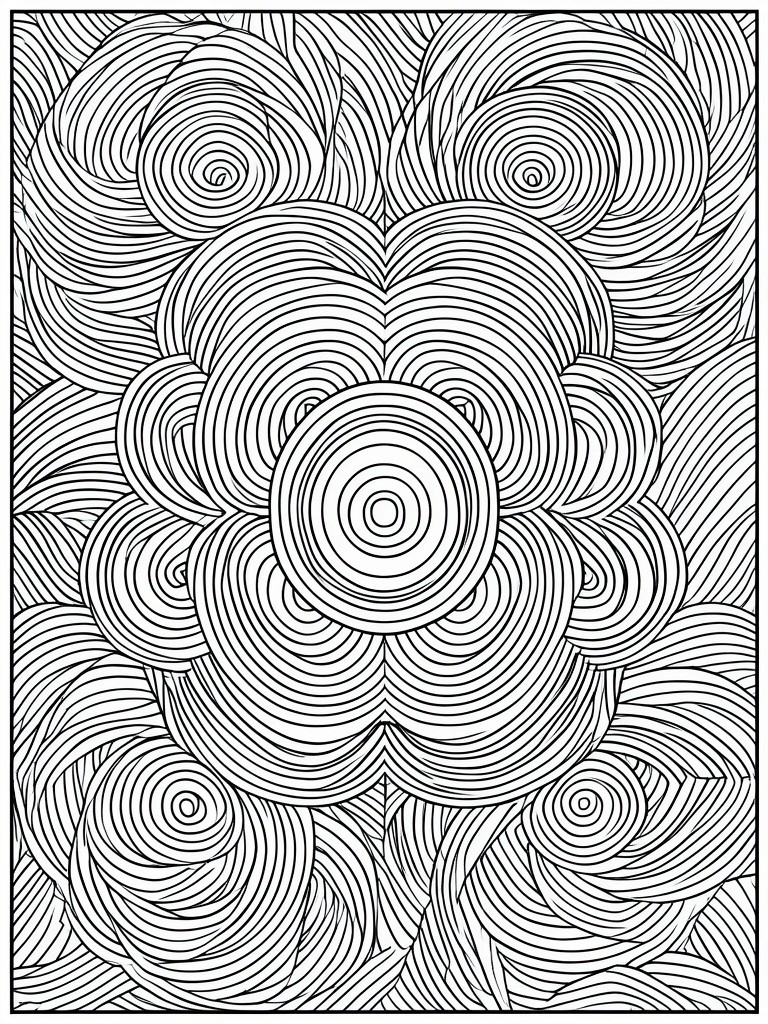 Abstract coloring page with a large central flower made of concentric circles surrounded by smaller swirling circular patterns filling the page.