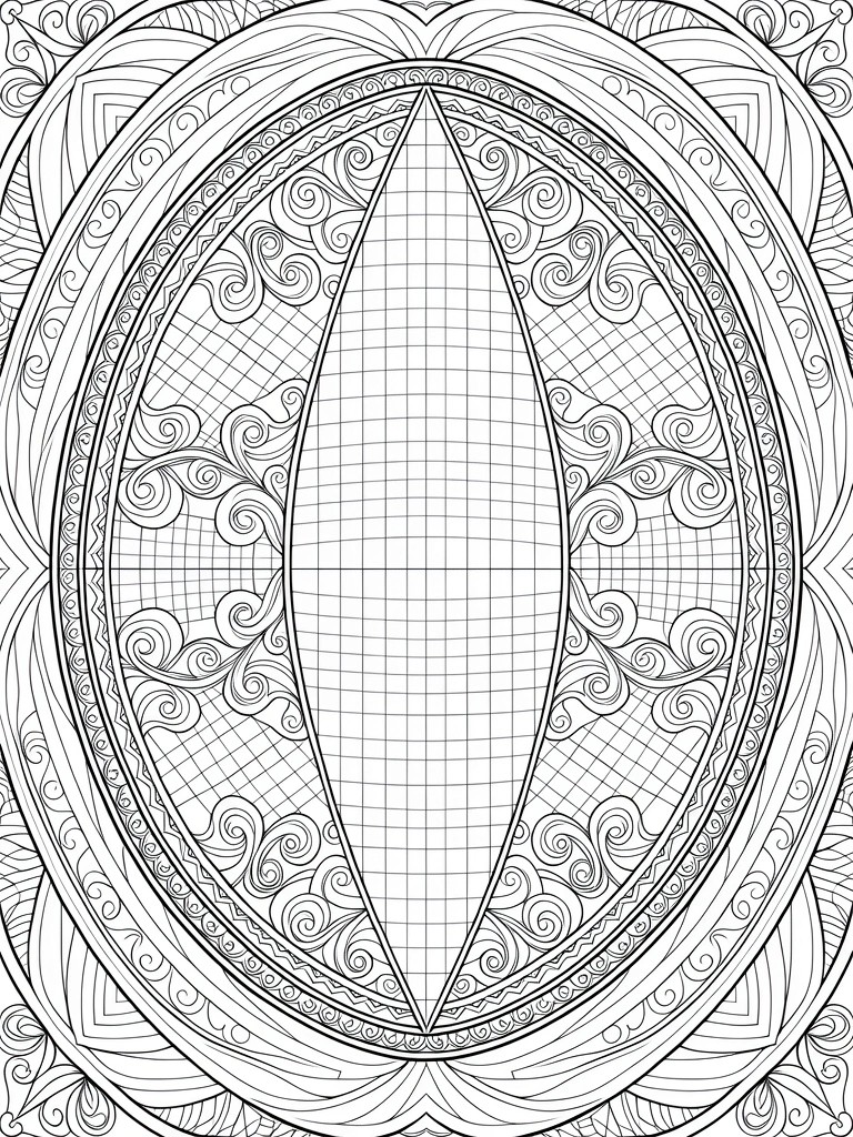 A black and white line drawing of a large oval filled with a grid pattern, surrounded by swirling designs and ornate layered borders.