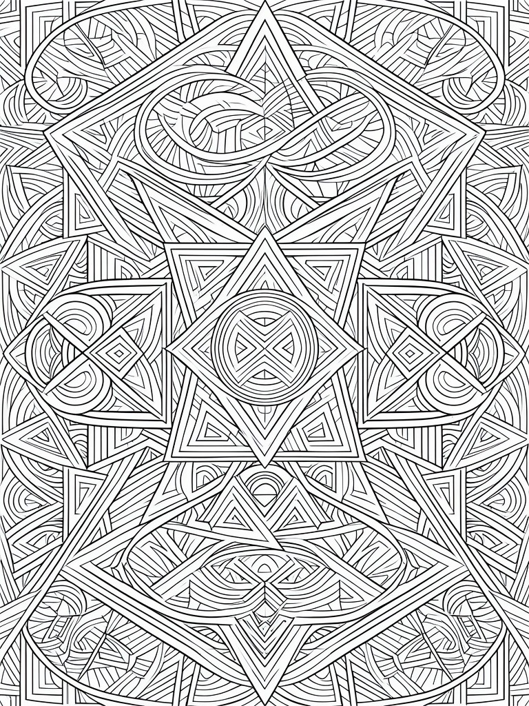 A black and white coloring page filled with intricate overlapping geometric shapes including stars, circles, triangles, and interwoven knot patterns.
