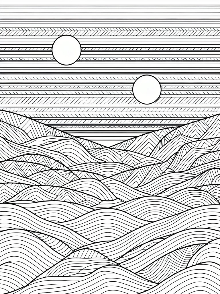 Black and white line art of a landscape with a striped sky, two circles, and layered hills filled with geometric patterns.