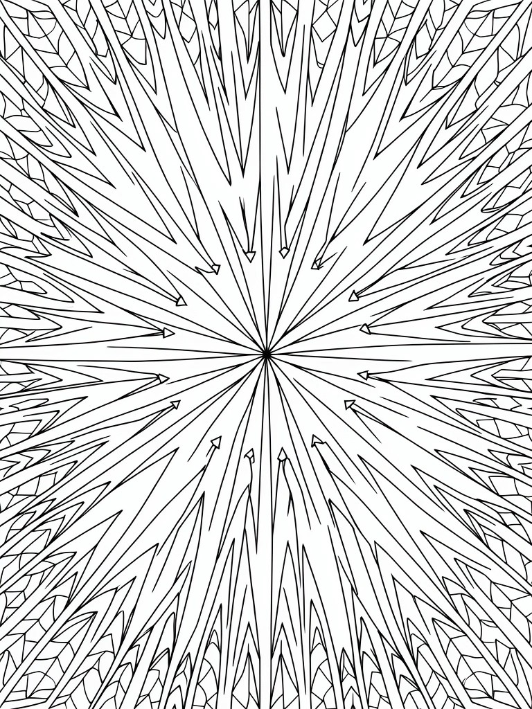 Black and white radial mandala with arrows pointing inward to center