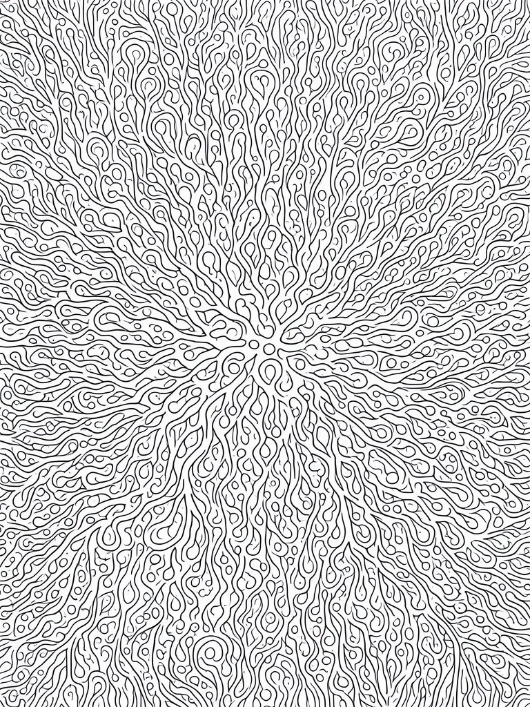 A black and white coloring page showing an intricate abstract radial pattern with organic swirls and lines extending from the center.