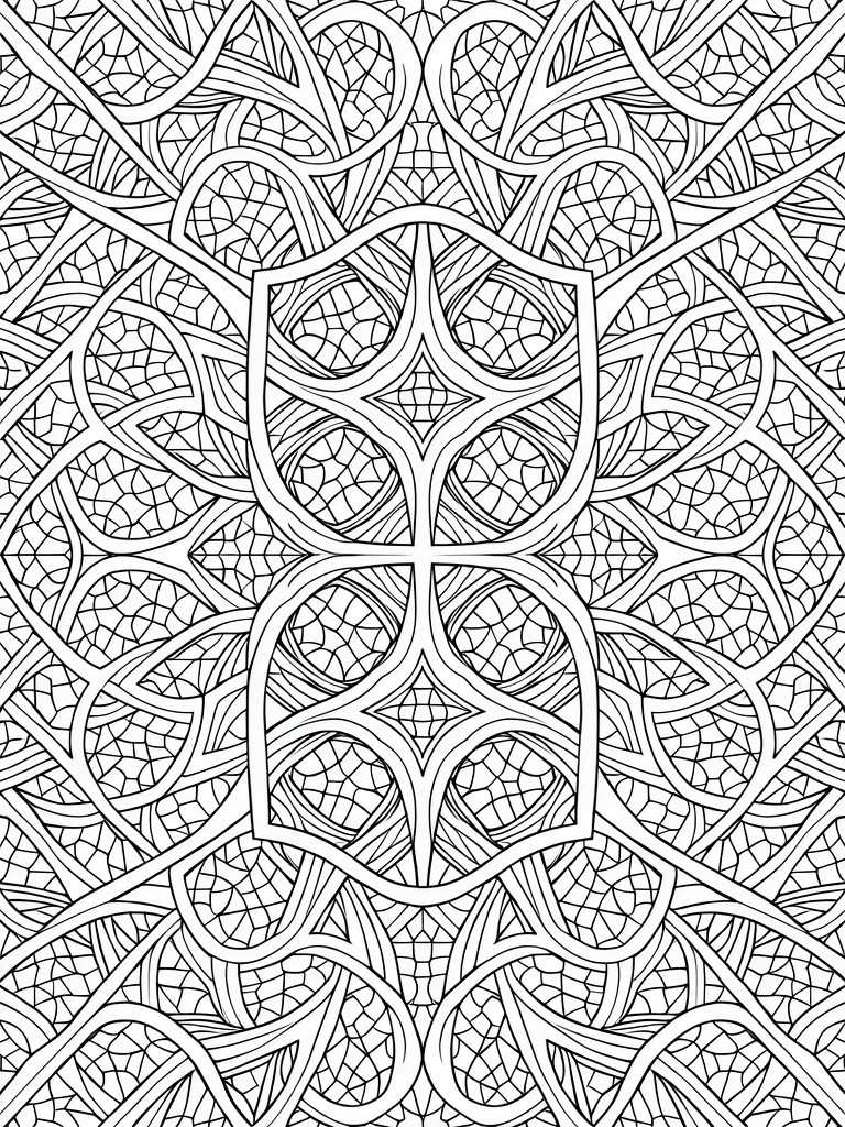 Intricate black and white symmetrical mandala with geometric loops and web patterns