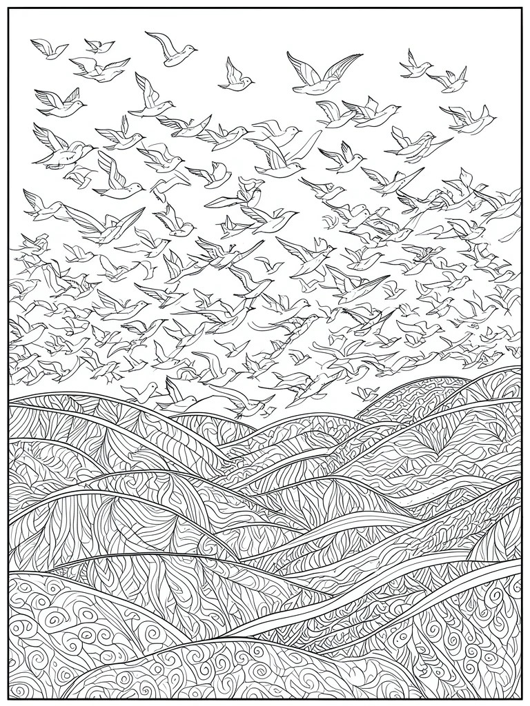 A black and white coloring page shows dozens of birds flying above rolling hills covered in intricate leaf and swirl patterns.