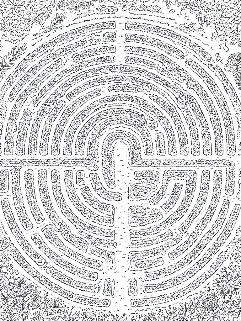 Intricate black-and-white circular hedge maze with floral border patterns