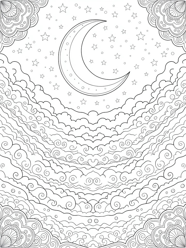 A coloring page shows a crescent moon in a starry sky above layered swirling clouds with decorative borders.