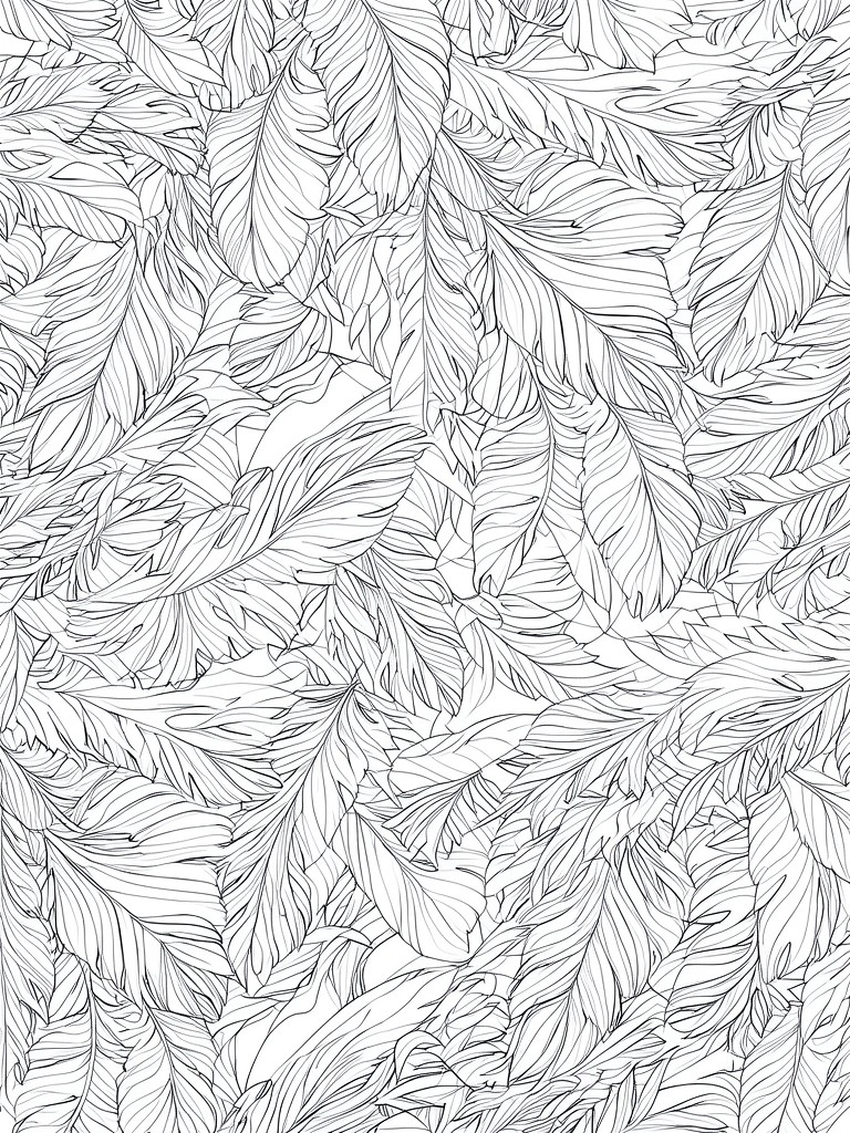 A black and white coloring page filled with many overlapping leaves, each containing fine vein lines.