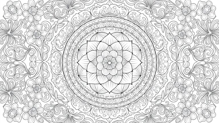 19 Simple Coloring Pages Perfect for Stress-Free Relaxing Intricate black-and-white mandala with layered floral patterns and symmetrical swirls
