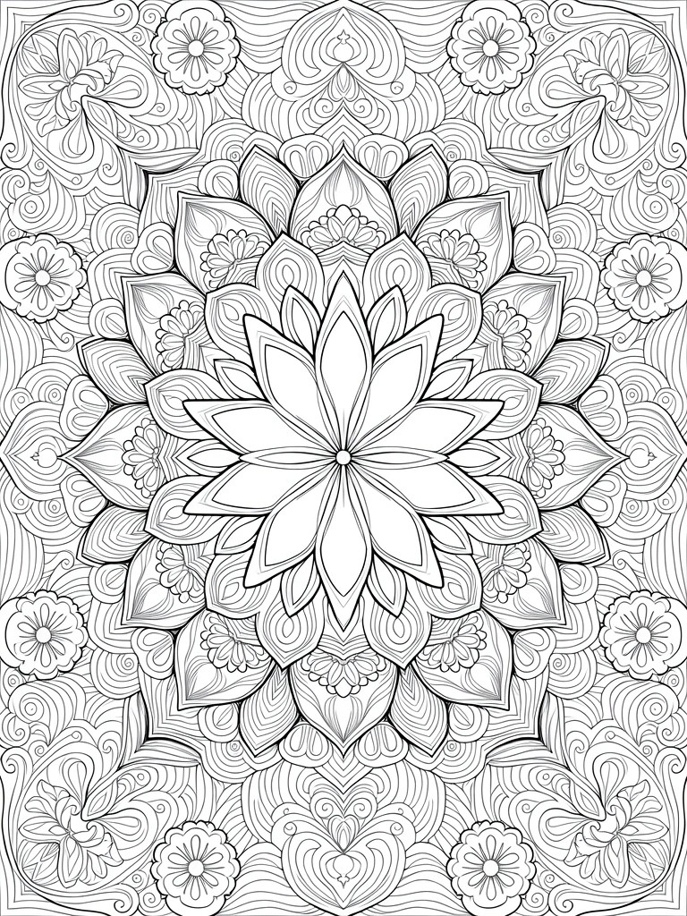 Intricate black-and-white mandala with layered floral patterns and symmetrical swirls