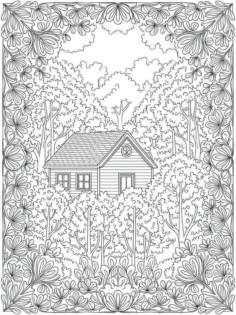 Coloring page of a house in the woods with trees, bushes, and a flower border around the edges.