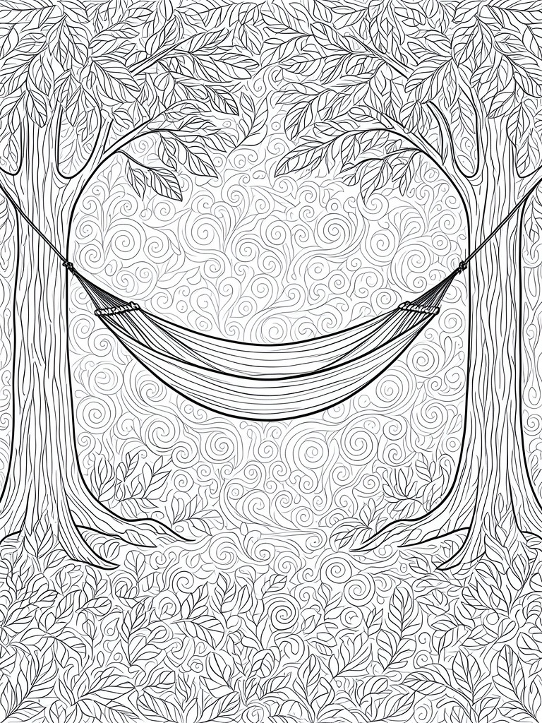Hammock strung between trees amid swirling forest foliage patterns