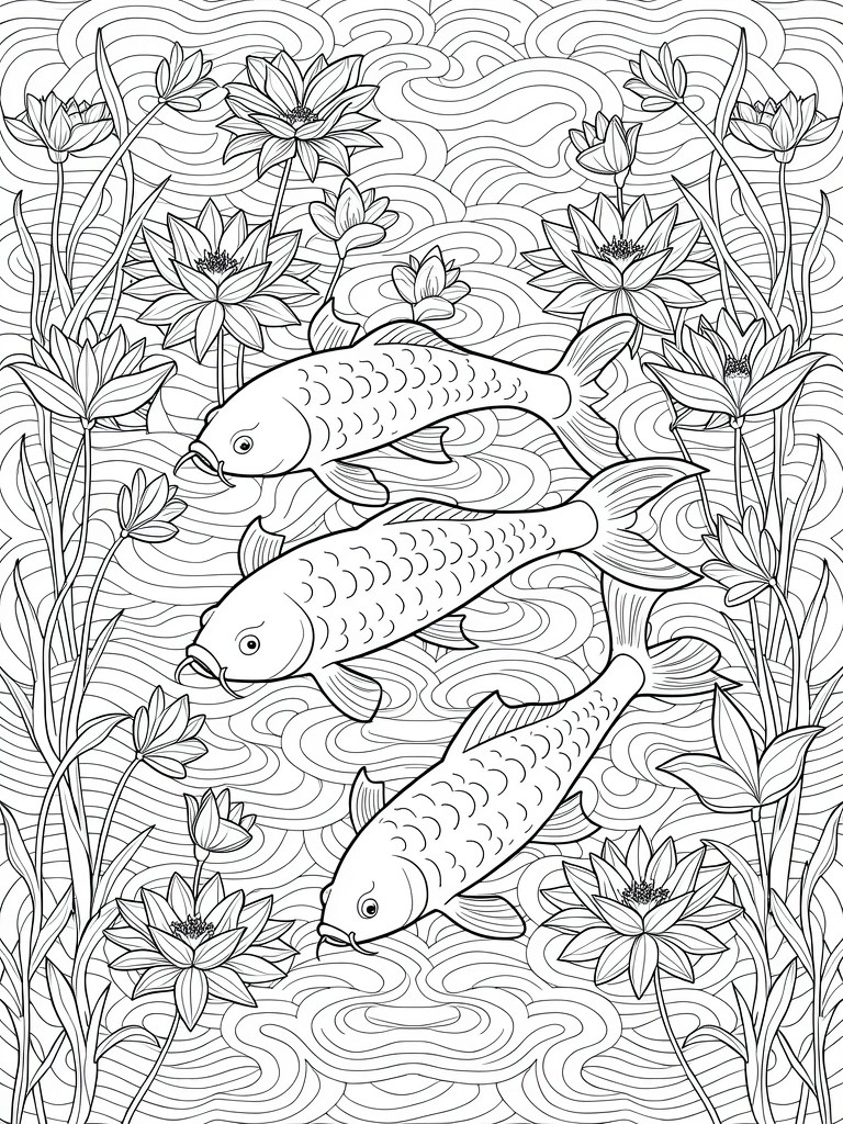 Three koi fish swimming among lotus flowers in rippled water, line art.