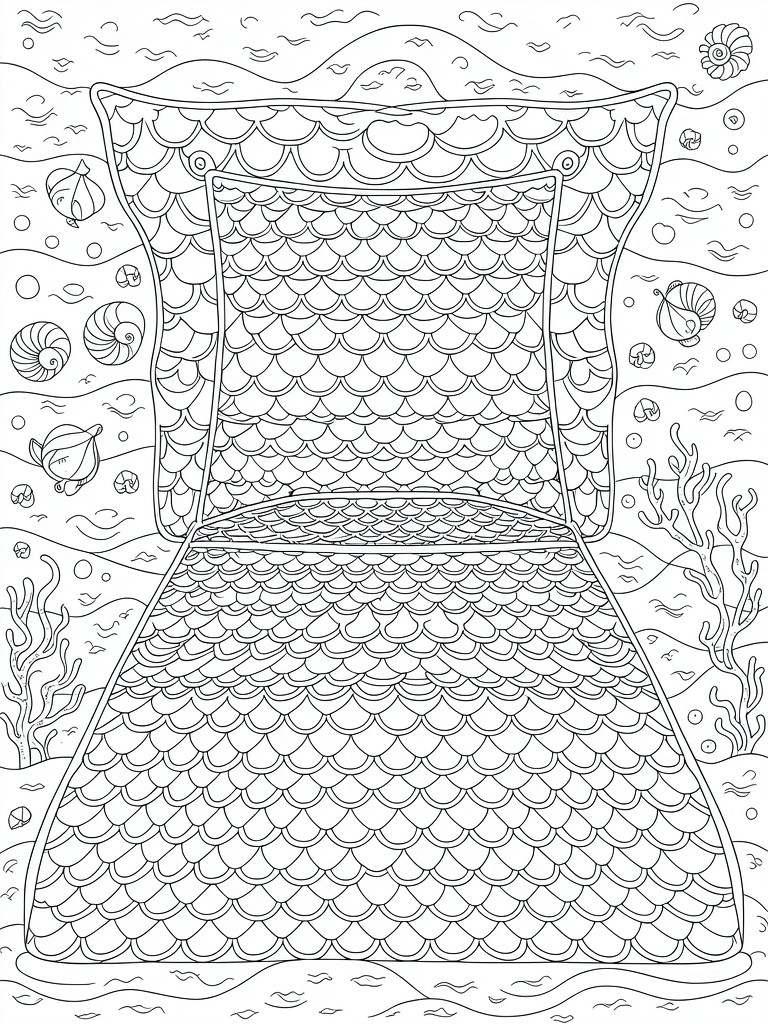 A black and white line drawing of a mermaid tail covered in scales surrounded by fish shells and coral in an underwater scene.