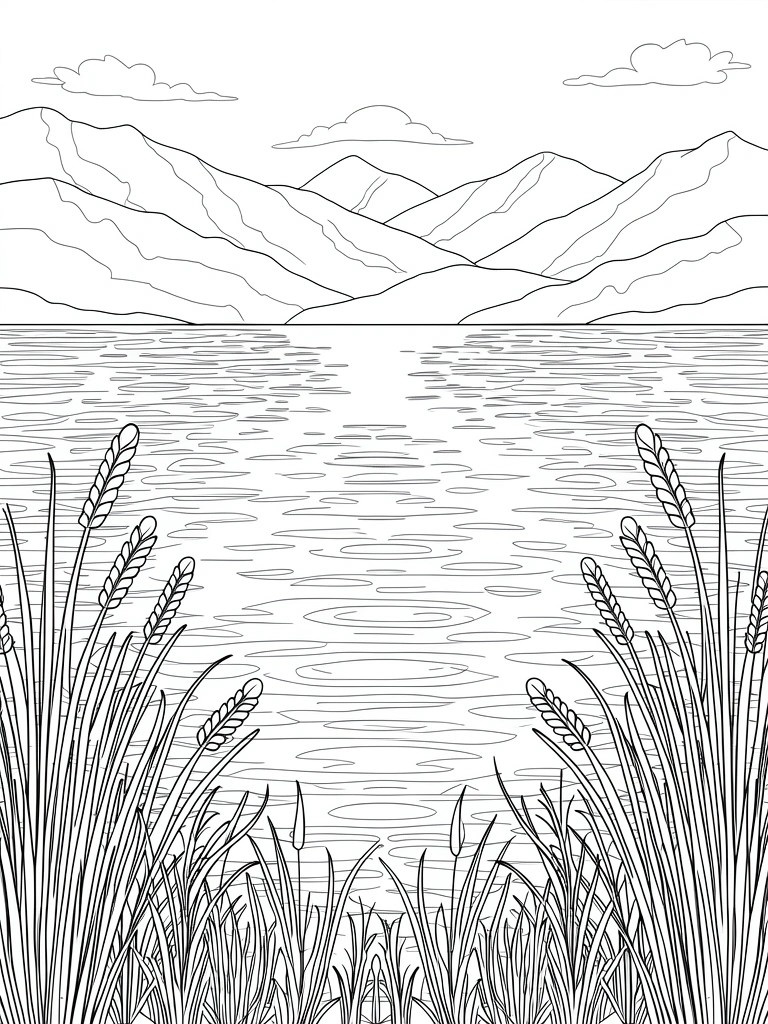 A black and white line drawing of mountains behind a rippled lake with reeds and grasses in the foreground and simple clouds above.