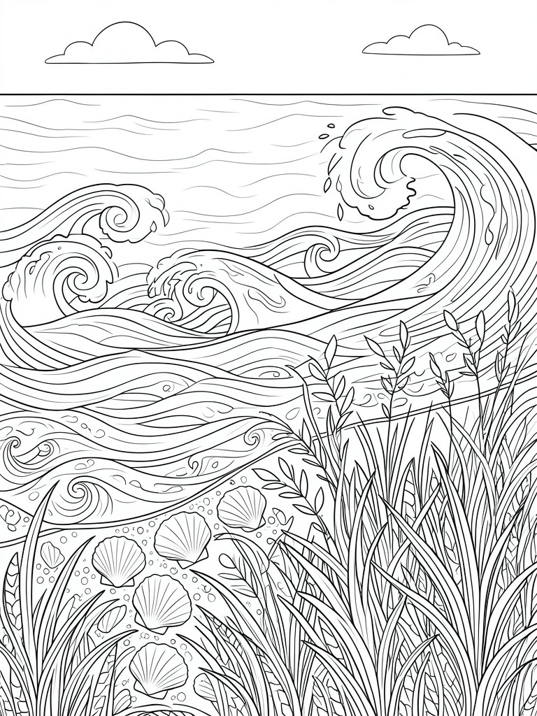 A black and white line drawing of ocean waves with shells and tall grass in the foreground and clouds in the sky.