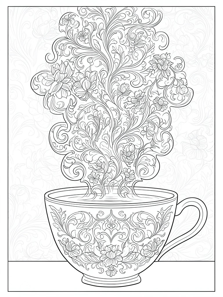 Ornate teacup with floral designs and steam forming swirling flower patterns