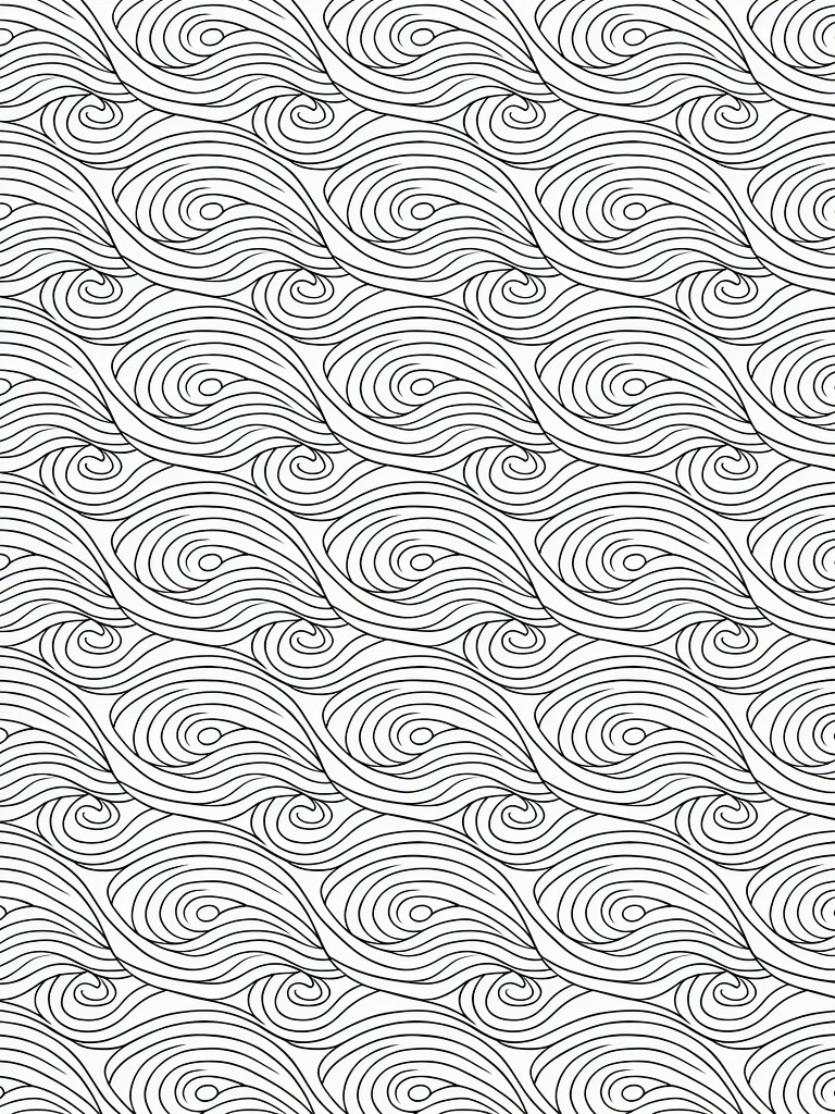 Black and white seamless pattern of swirling stylized waves and spirals