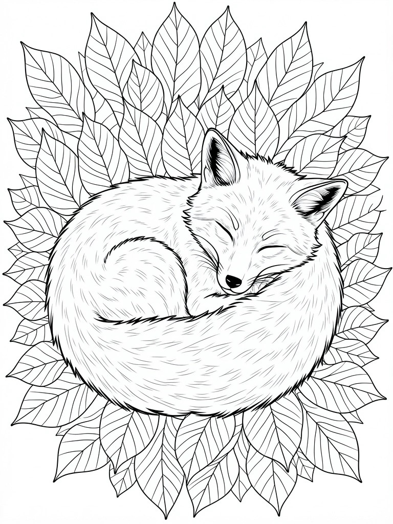Black-and-white line art of sleeping fox curled amid leaves