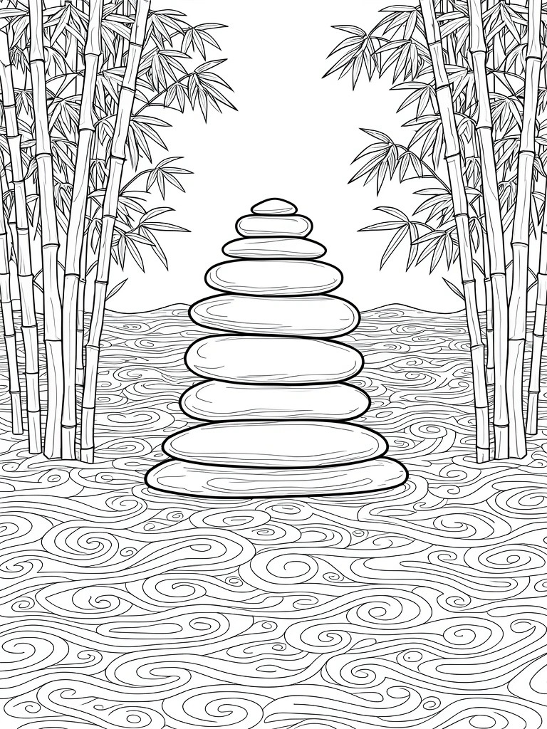 Black and white line art of stacked stones amid bamboo and swirling waves.