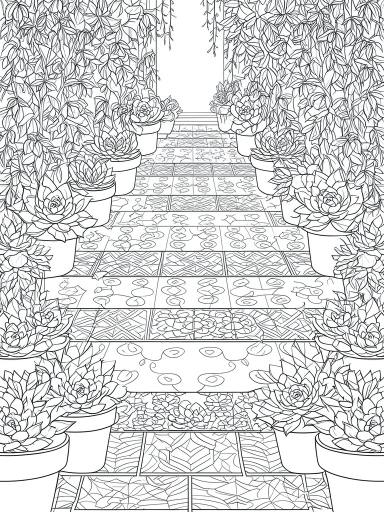 A black and white coloring page shows a tiled pathway lined with potted succulents leading into the distance.